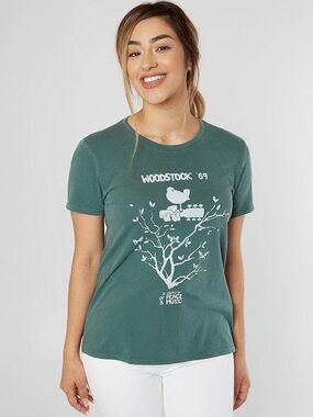 Lucky Brand Woodstock '69 Green Hippie Retro Graphic Short Sleeve Tee Size M